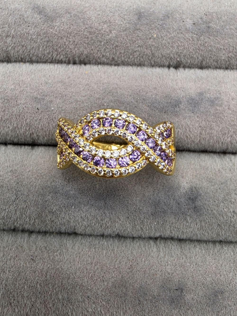 Gold Tone Women's Ring Size 7 1/4 with Purple and Clear Stones